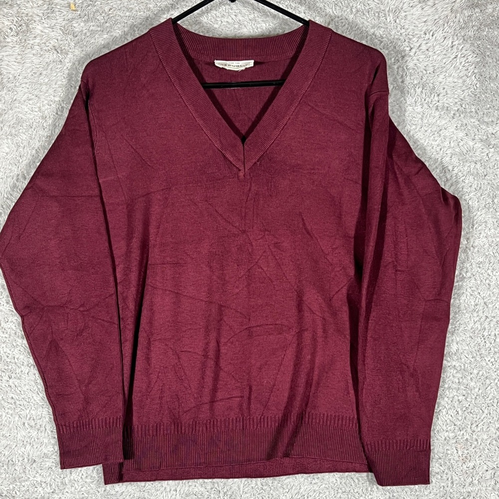 For The Republic V-Neck Sweater Mens XL Burgundy Fine Knit Long Sleeve Pullover